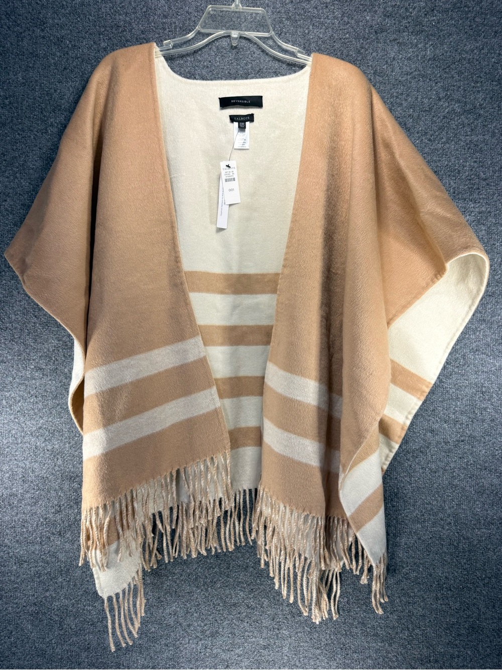Talbots Wool Blend Reversible Shawl Poncho Beige & Cream Striped Fringe